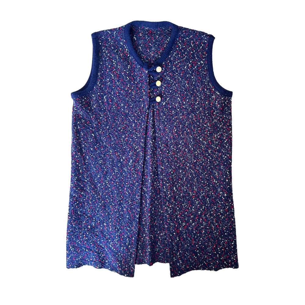 Vintage 60s/70s Confetti Fancy Knit Tunic Vest Sleeveless Navy Blue Open Front M